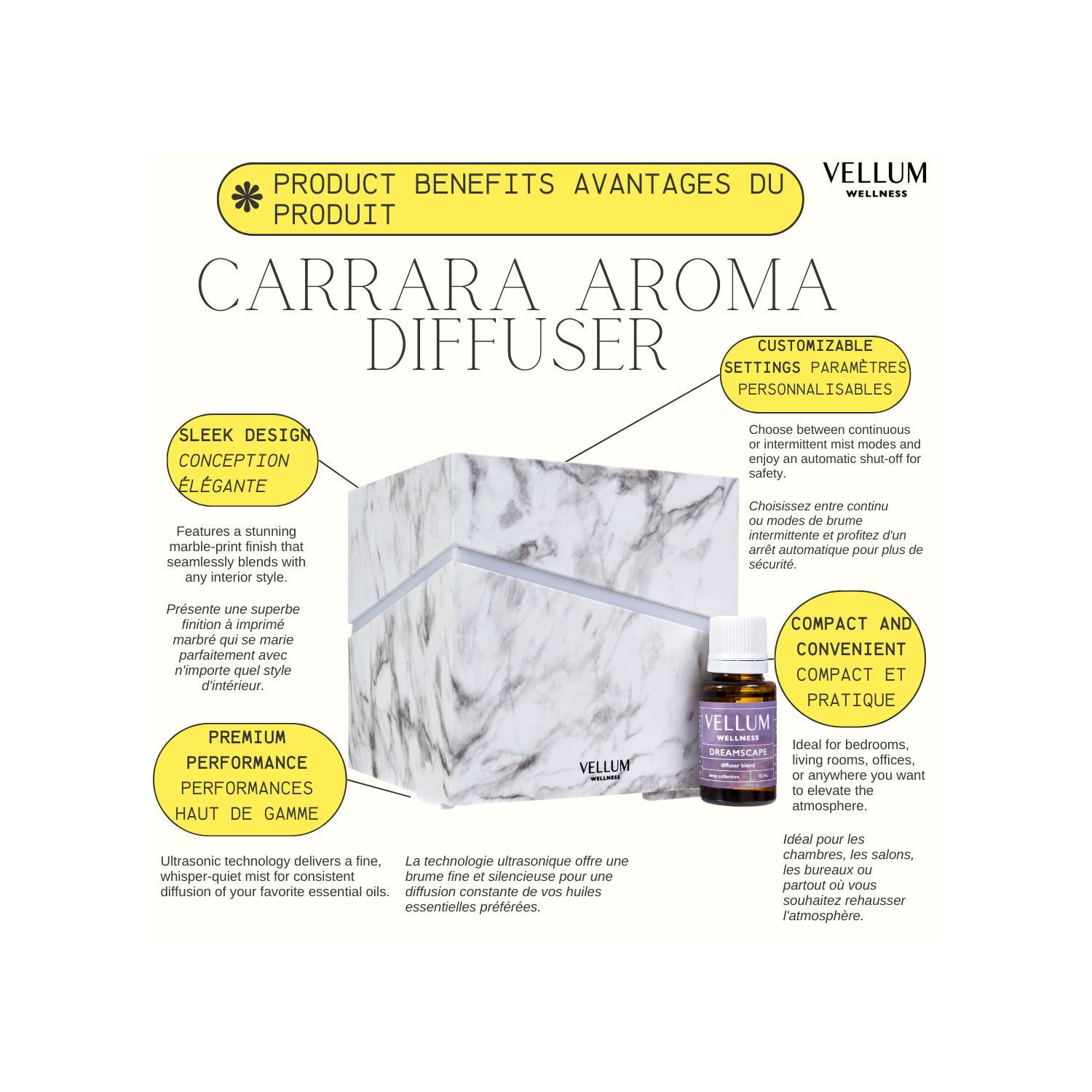 Vellum Wellness Carrara Aroma Diffuser les huiles essentielles dans la chambre, la cuisine, la salle de bain, le salon à la maison