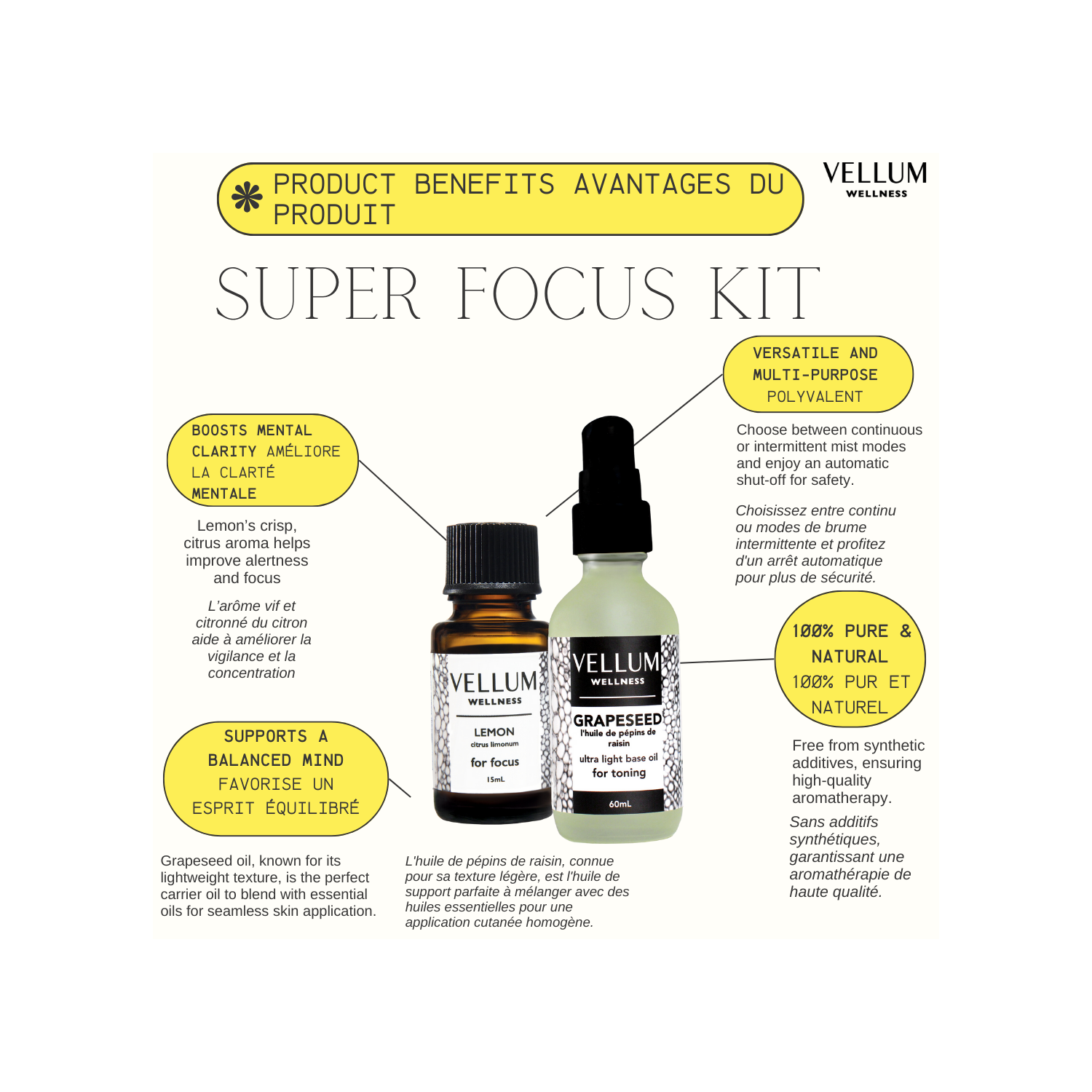 Trousse d'huile essentielle Vellum Wellness Super Focus Kit pour la concentration, la clarté et l'énergie. Elle estompe également les imperfections