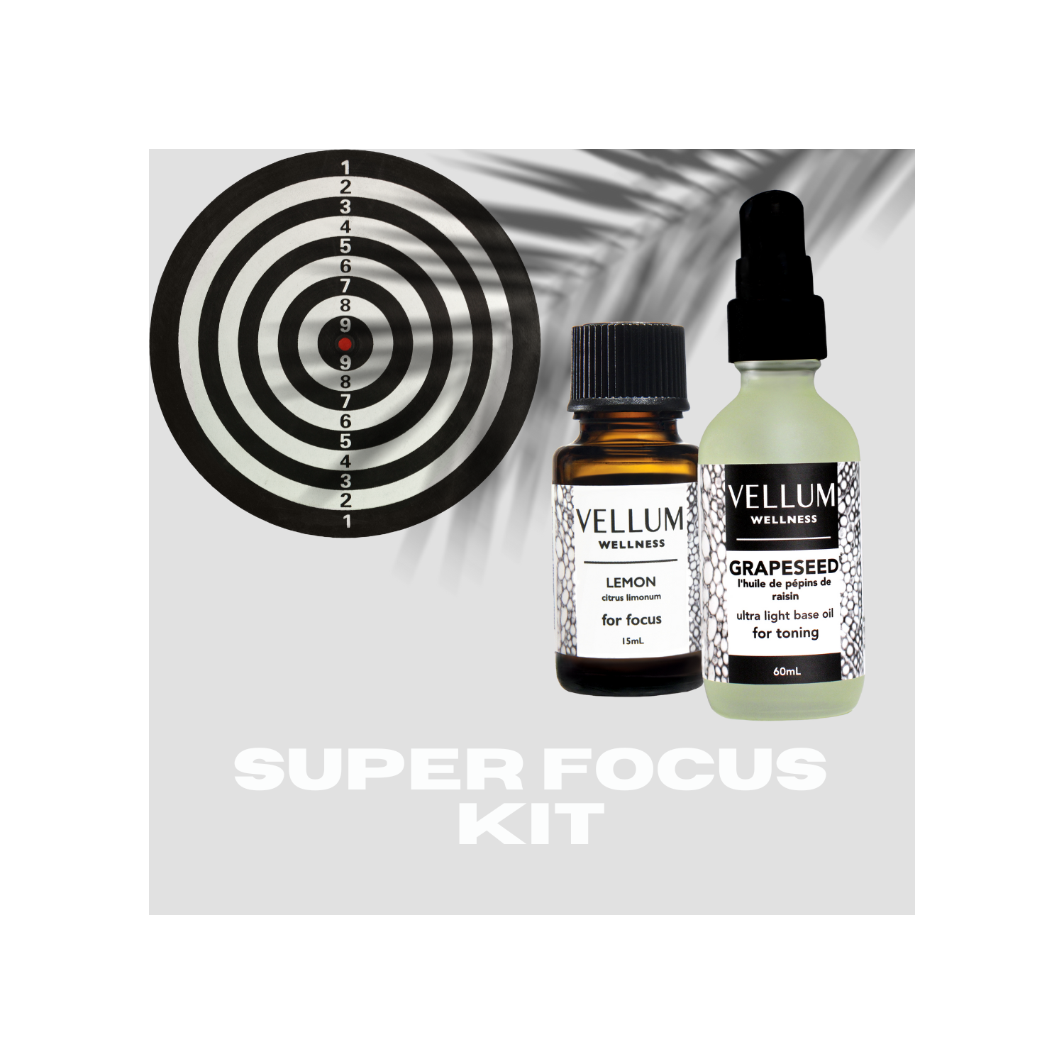 Trousse d'huile essentielle Vellum Wellness Super Focus Kit pour la concentration, la clarté et l'énergie. Elle estompe également les imperfections