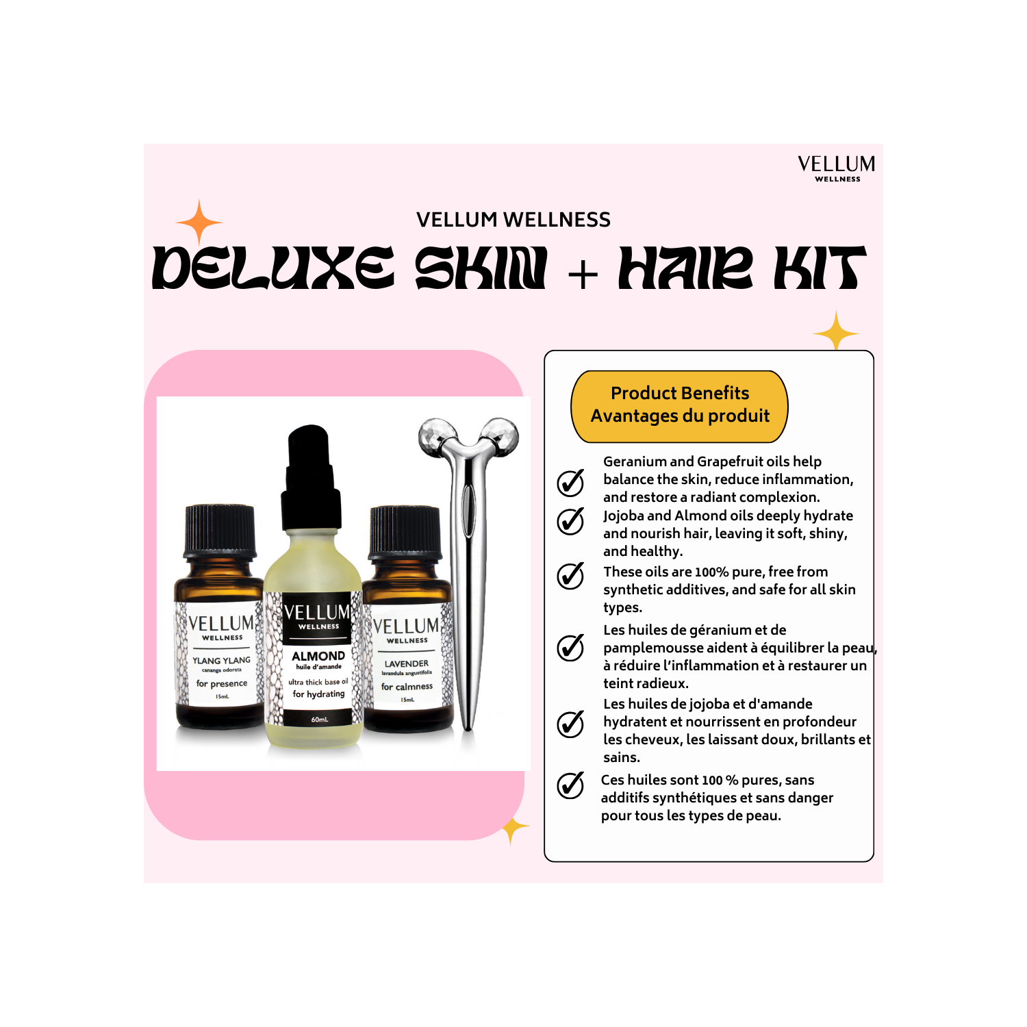 Trousse de soins naturels pour la peau et les cheveux de luxe avec pamplemousse, joba, géranium et amande pour une peau brillante et des cheveux