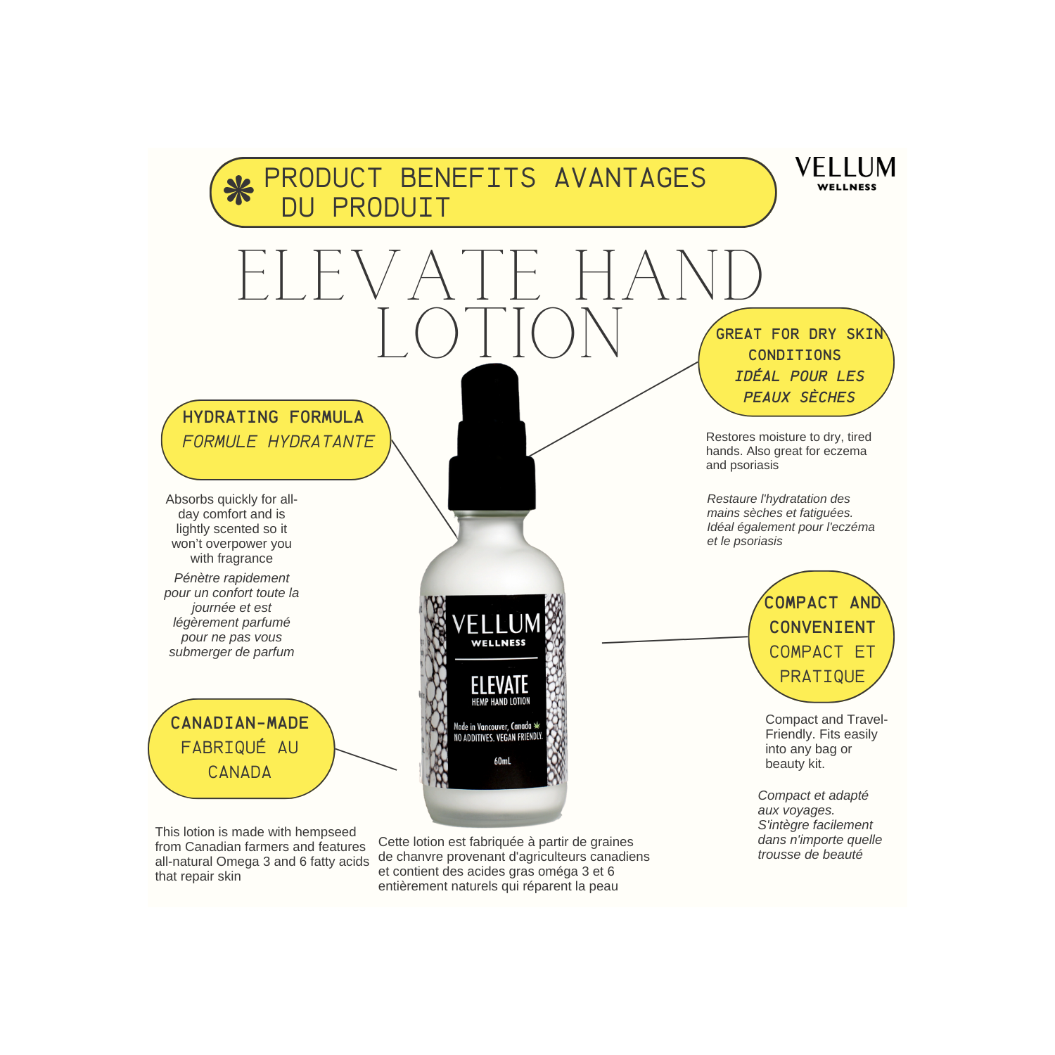 Vellum Wellness Elevate Hemp Hand Lotion 60 ml for dry skin, eczema and on-the-go travel