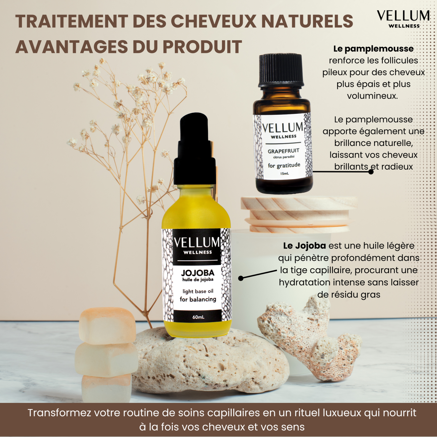 Vellum Wellness huile essentielle cuir chevelu et traitement des cheveux