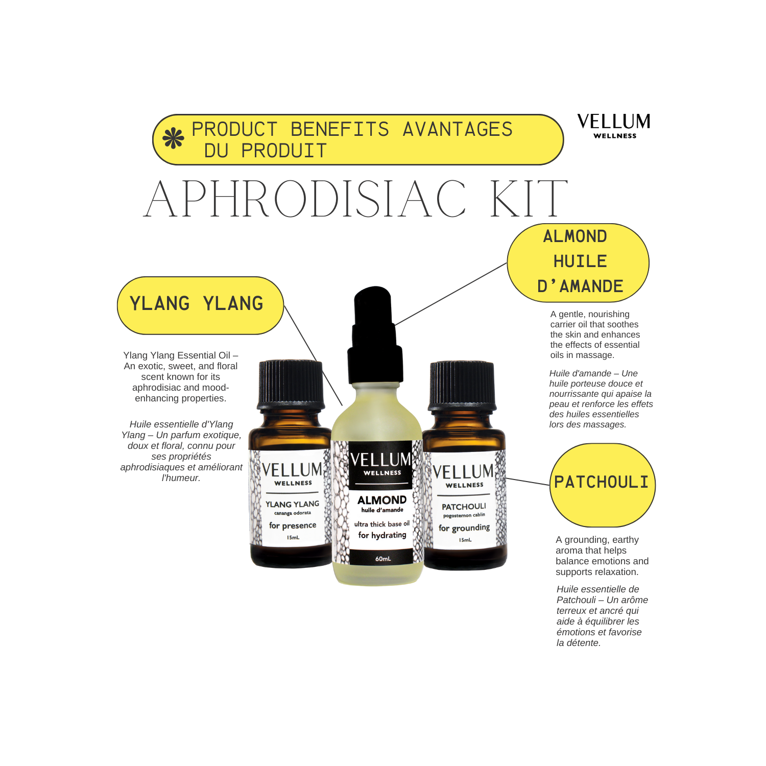 Vellum Wellness Essential Oil Aphrodisiac Kit with natural products Almond, Ylang Ylang and Patchouli for Intimacy, Relaxation & Sensual Wellness