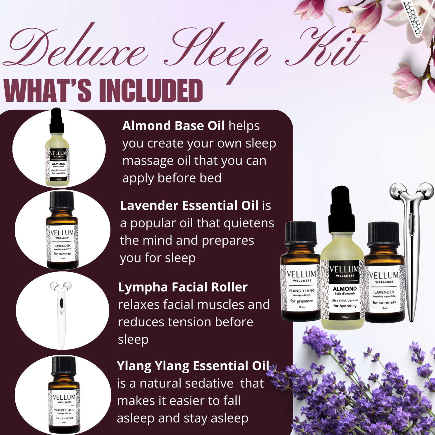 Vellum Wellness Essential Oil Deluxe Sleep Kit for aroma diffuser, sleep, rest and relaxation. Multi-piece set of 15 ml essential oils