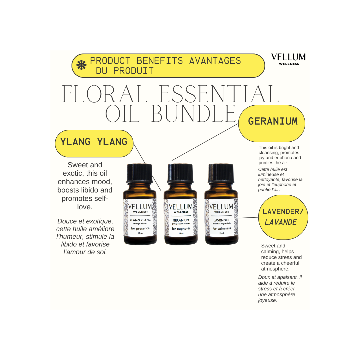 Trio d'huiles essentielles florales de Vellum Wellness pour diffuseur d'arômes, soins naturels de la peau, bien-être émotionnel et calme