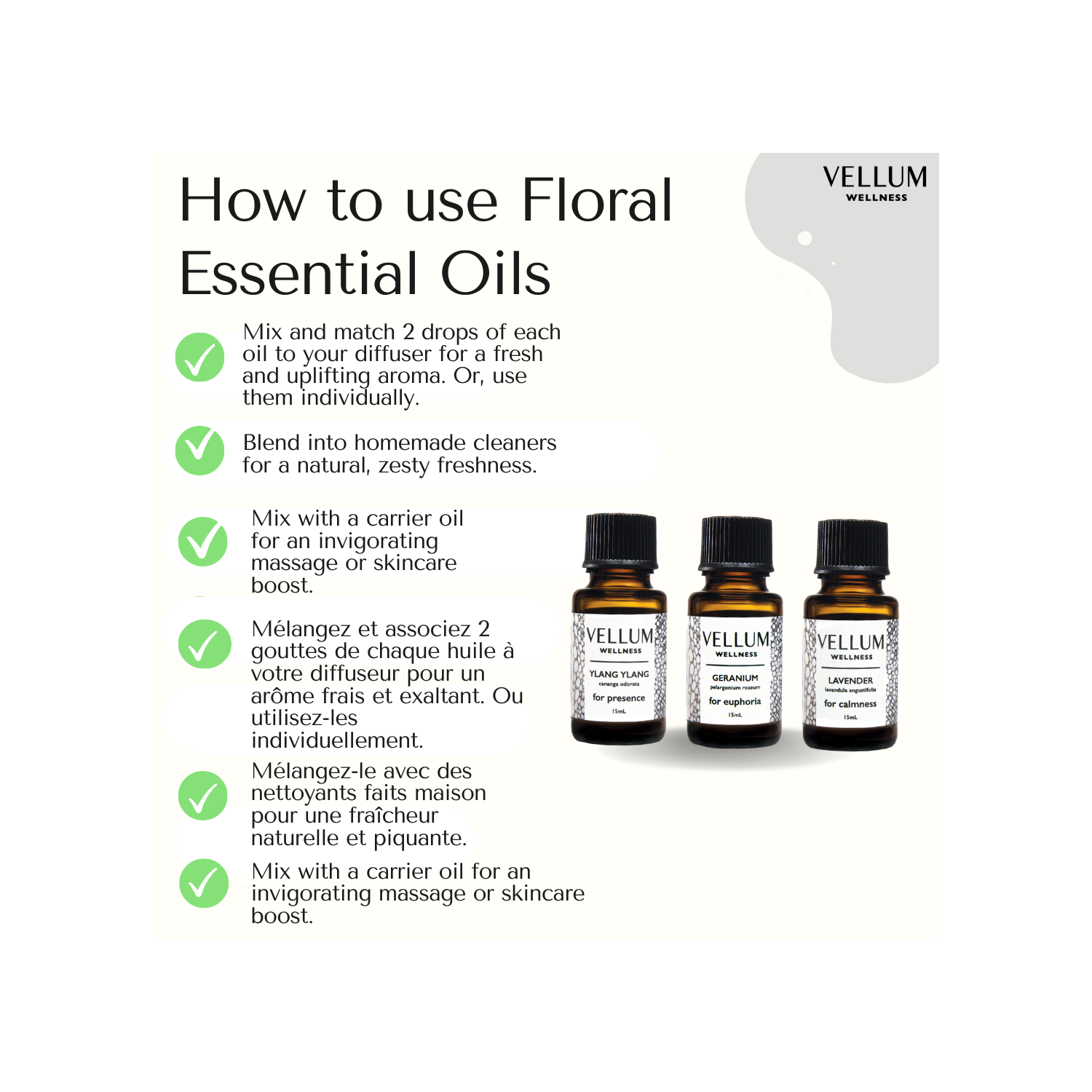 Trio d'huiles essentielles florales de Vellum Wellness pour diffuseur d'arômes, soins naturels de la peau, bien-être émotionnel et calme