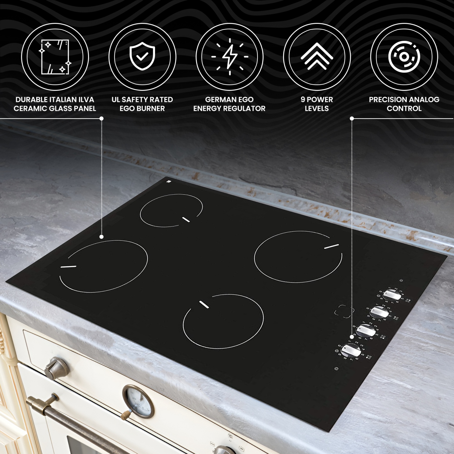 Ramblewood 4 Burner 30" Electric Cooktop, EC4-60, UL rated German EGO burner.