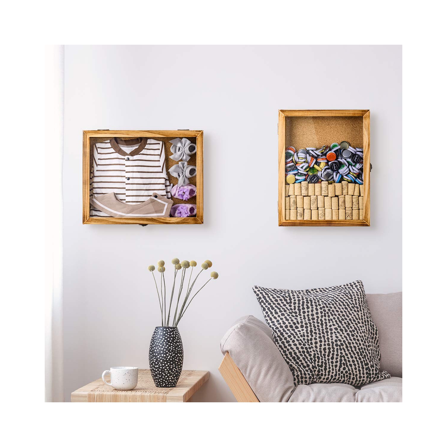 Cadre pour boîte-cadre, boîtier-cadre photo pour souvenirs porte-bouteilles de vin avec 12 épingles à linge, couvercle avant en verre 14
