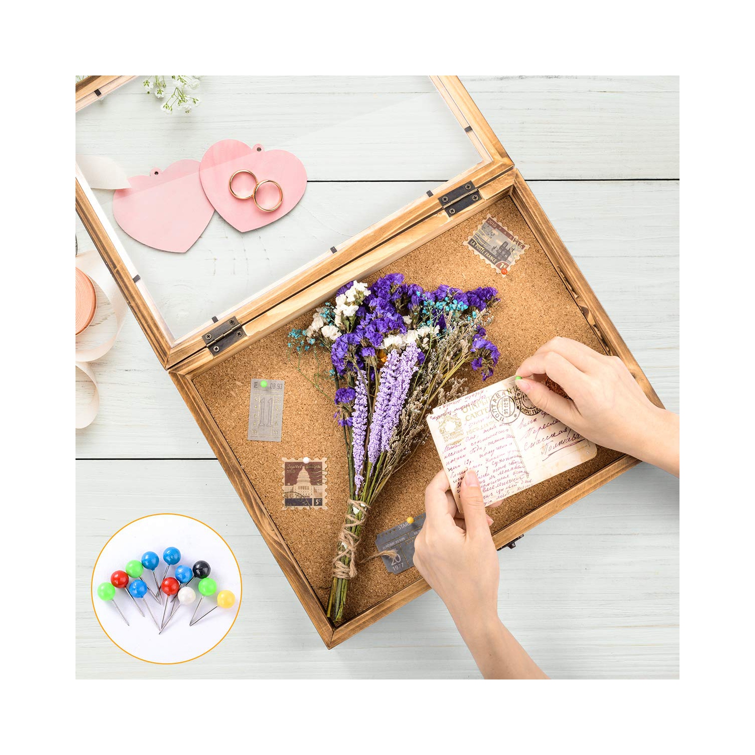 Cadre pour boîte-cadre, boîtier-cadre photo pour souvenirs porte-bouteilles de vin avec 12 épingles à linge, couvercle avant en verre 14