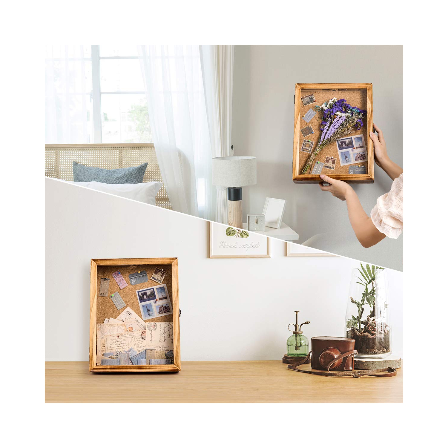 Cadre pour boîte-cadre, boîtier-cadre photo pour souvenirs porte-bouteilles de vin avec 12 épingles à linge, couvercle avant en verre 14