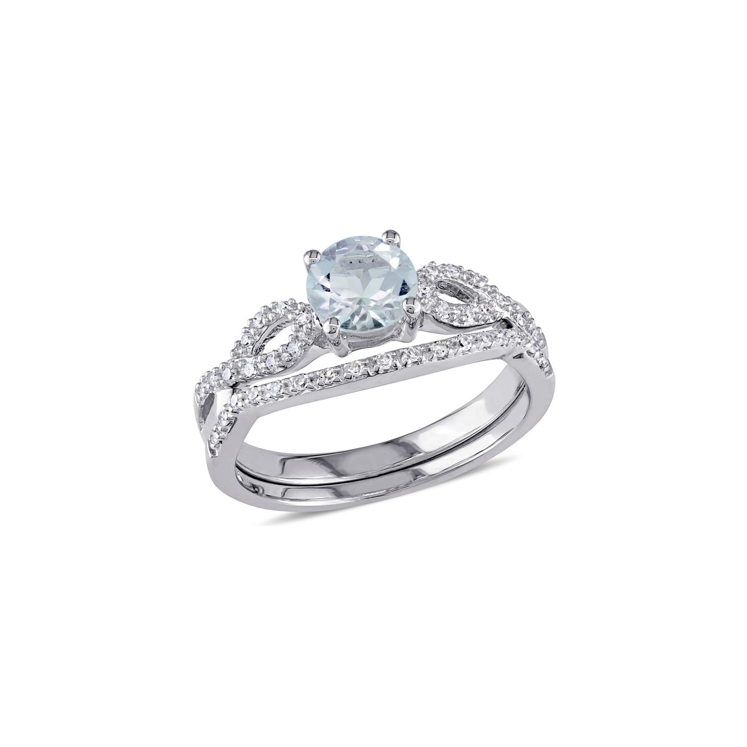 3/4 Carat Aquamarine Engagement Ring & Wedding Band Set with Diamond 10K White Gold