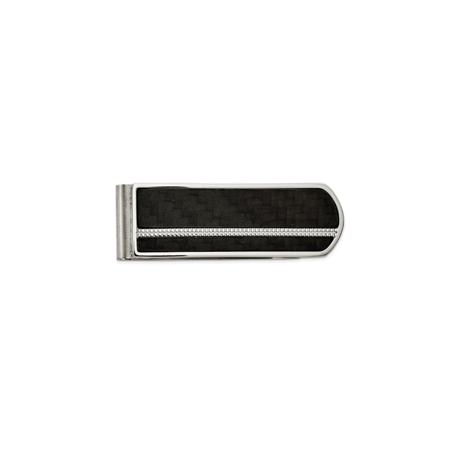 Mens Stainless Steel Brushed and Polished Black Carbon Fiber Money Clip
