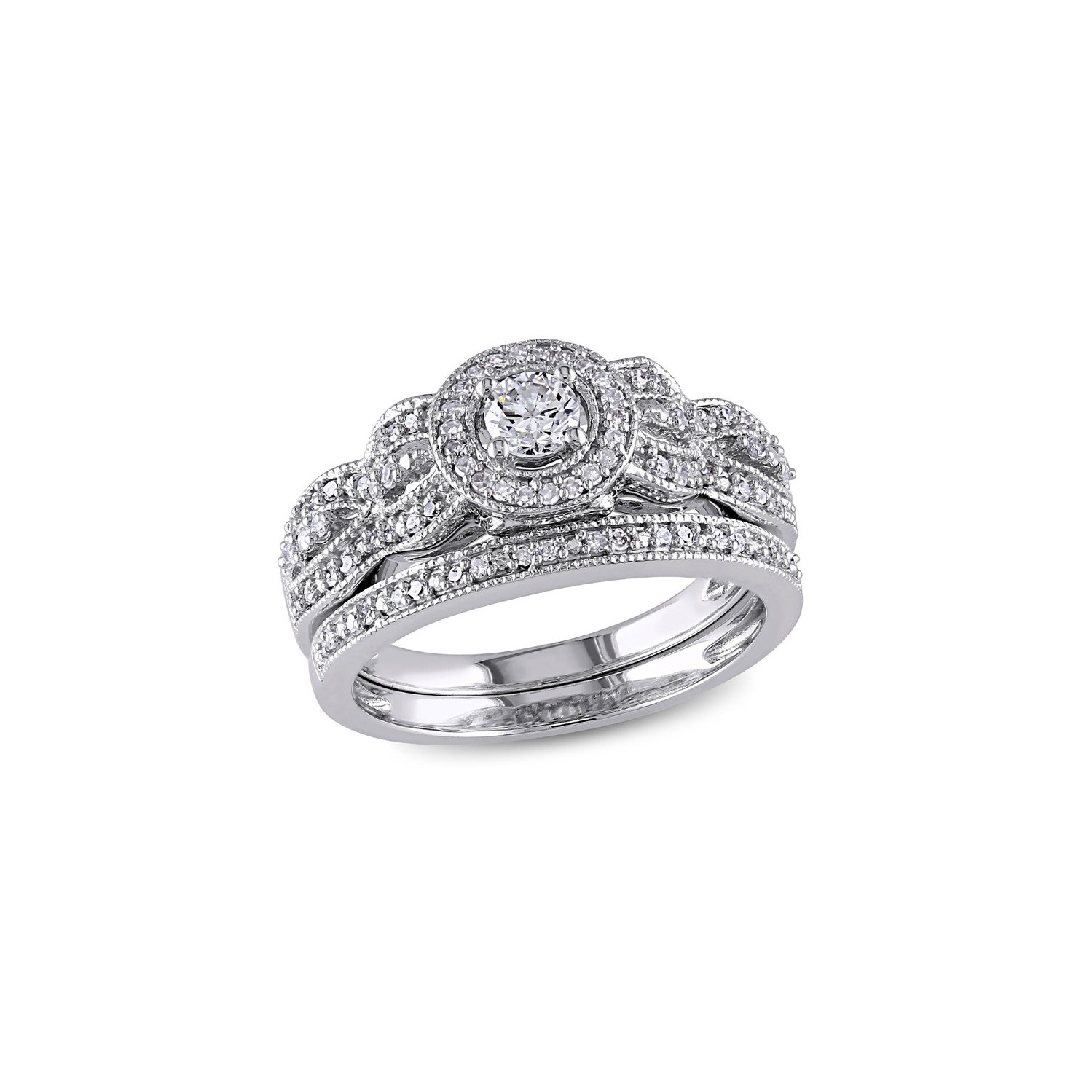 Diamond Halo Engagement Ring and Wedding Band Set 1/2 Carat (ctw) in 10K White Gold