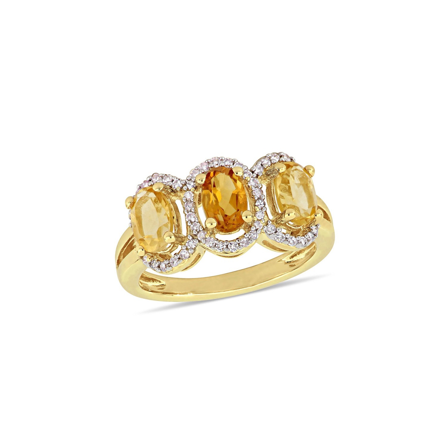Bague à trois pierres avec citrine à Madère de 1,35&nbsp;carat et diamants 1/5&nbsp;carat (ct) en argent sterling plaqué jaune