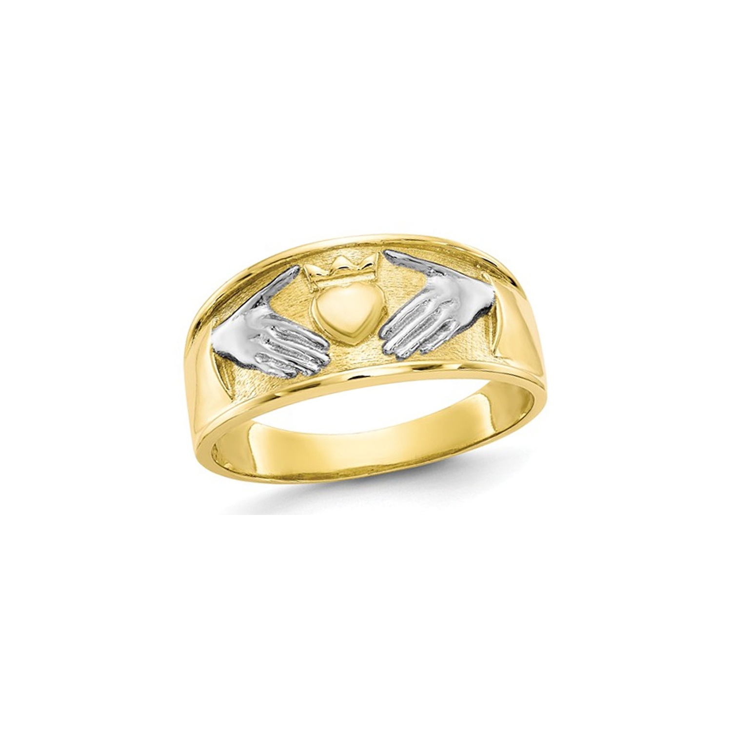 Mens 10K White and Yellow Gold Celtic Claddagh Ring