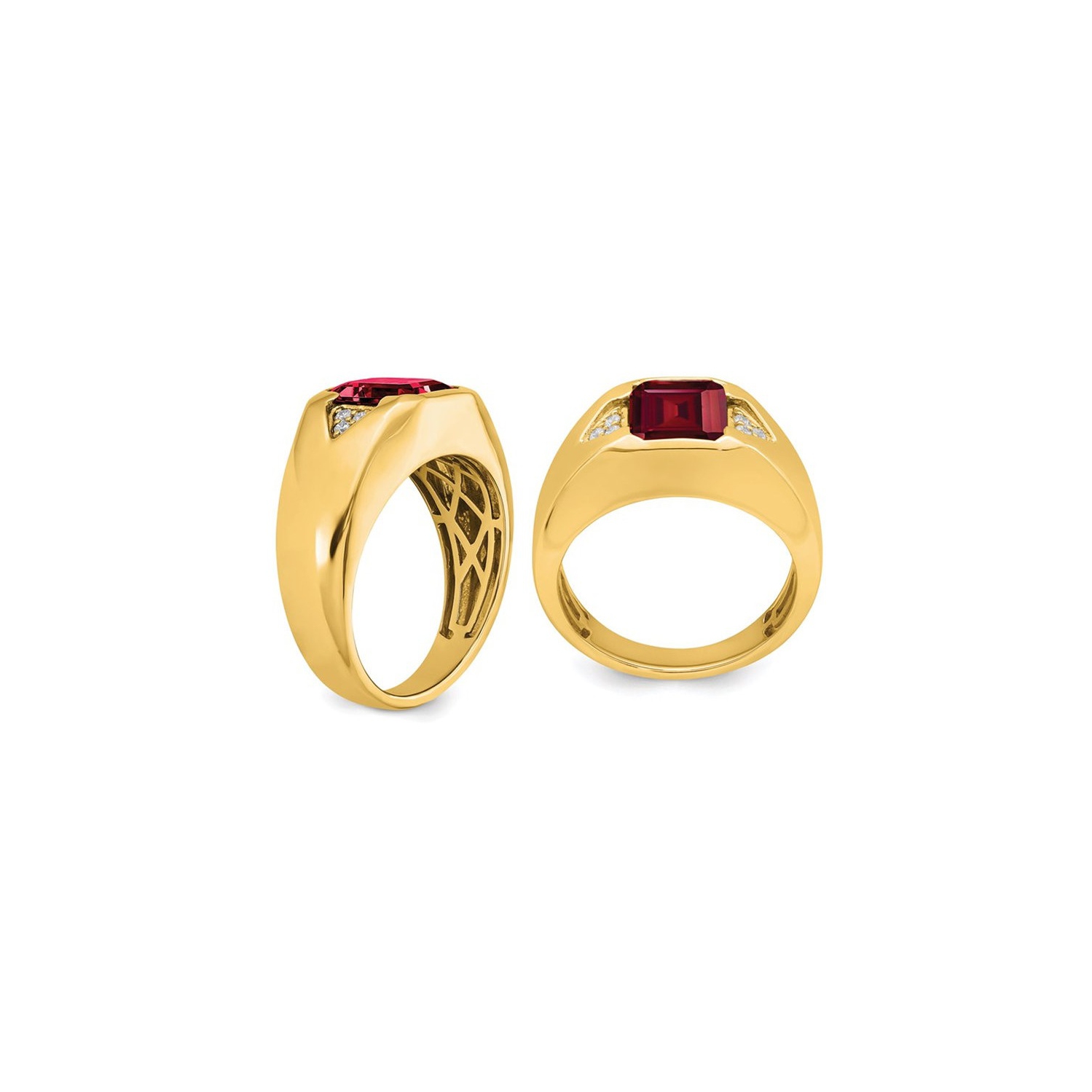 Mens 3.75 Carat Lab Created Emerald-Cut Ruby Ring in 14K Yellow Gold with Diamonds