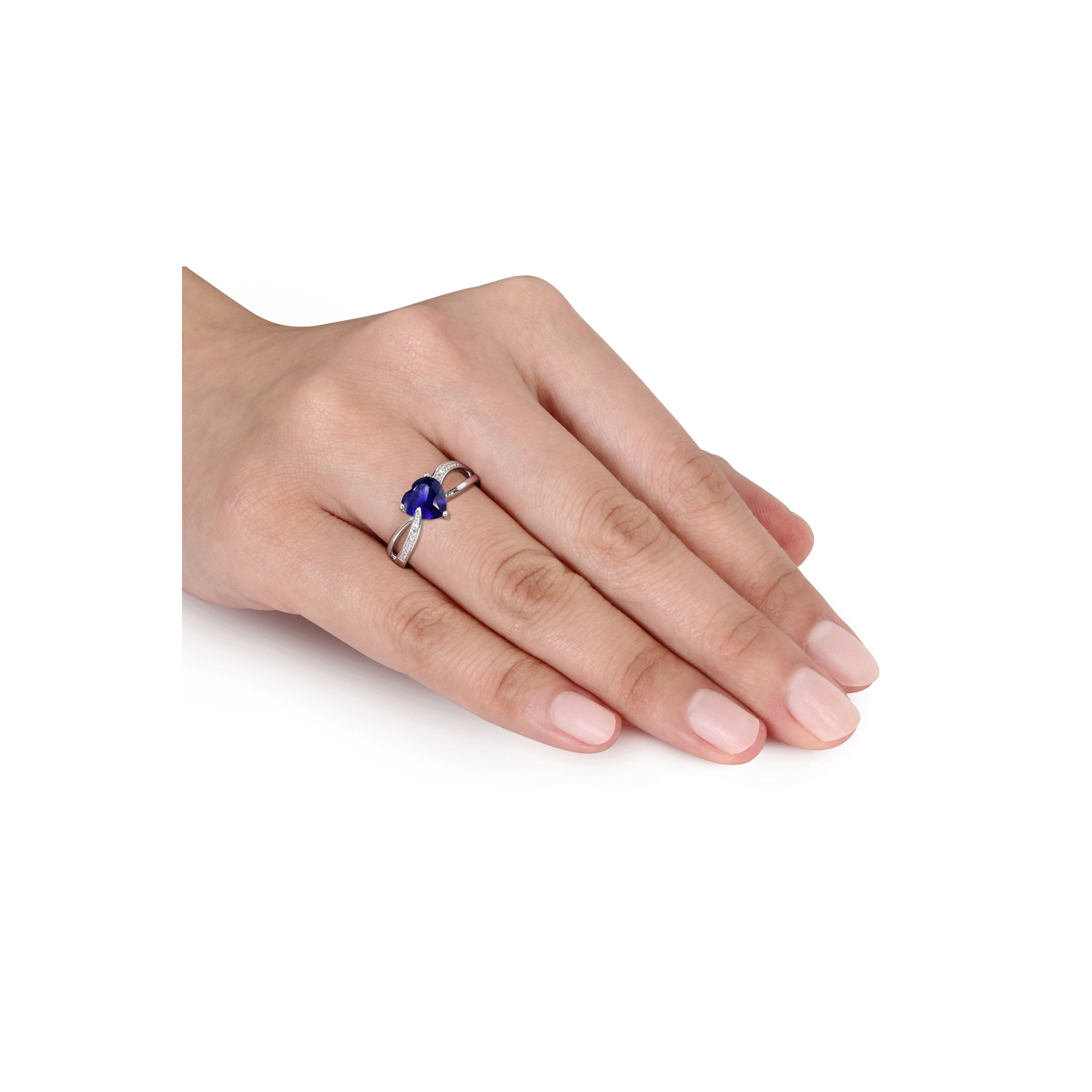 Created Blue Sapphire and Diamond Heart Ring 1.90 Carat in Sterling Silver