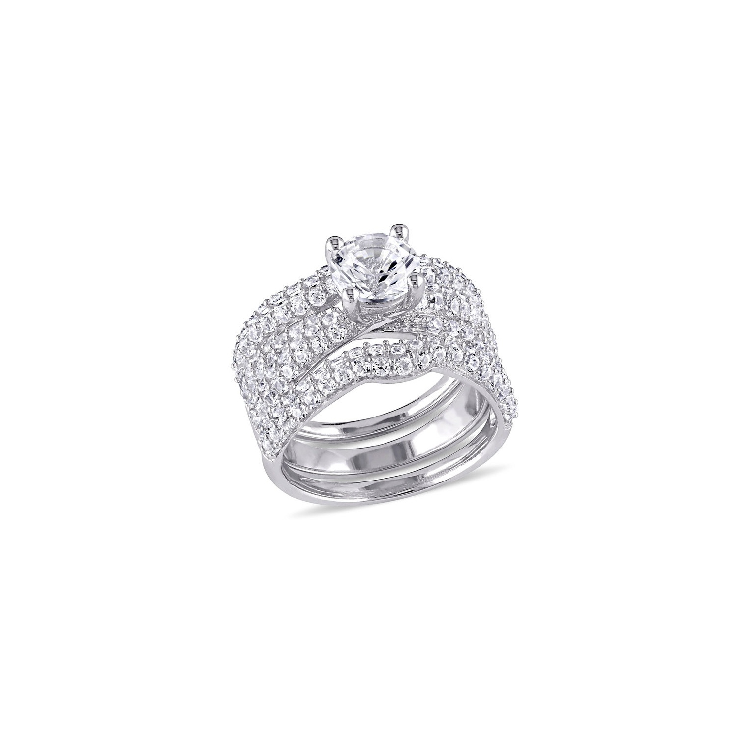 Ensemble nuptial et alliance argent sterling saphir blanc synthétique laboratoire 4 1/5 Carat