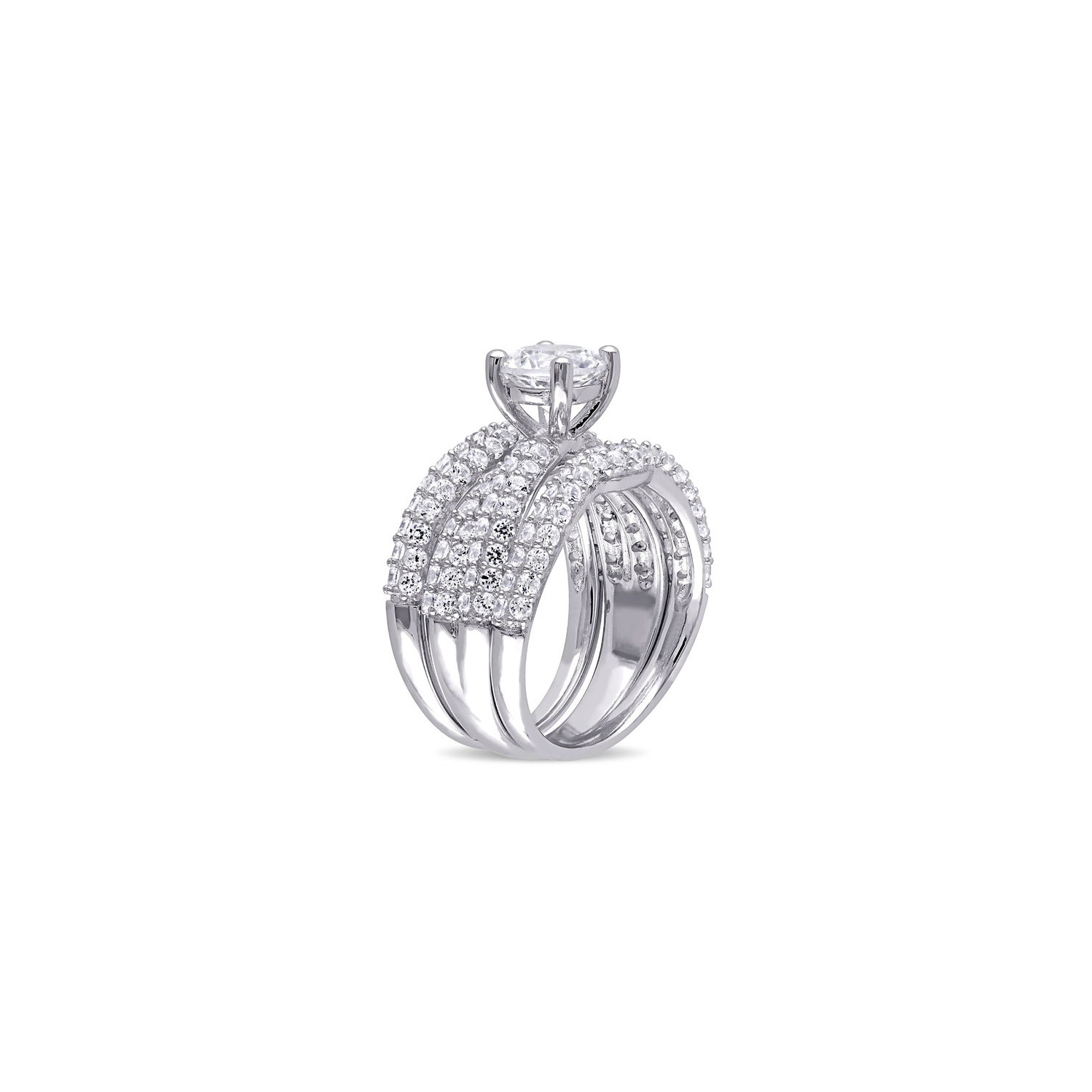 Ensemble nuptial et alliance argent sterling saphir blanc synthétique laboratoire 4 1/5 Carat