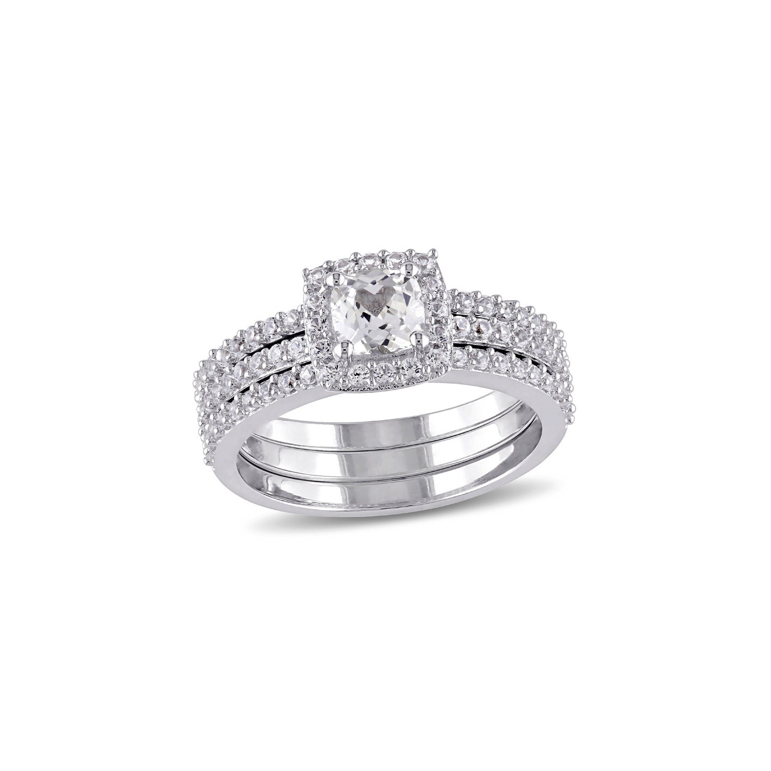 1.50 Carat Lab-Created White Sapphire Halo Bridal Engagement Ring and Band Set In Sterling Silver