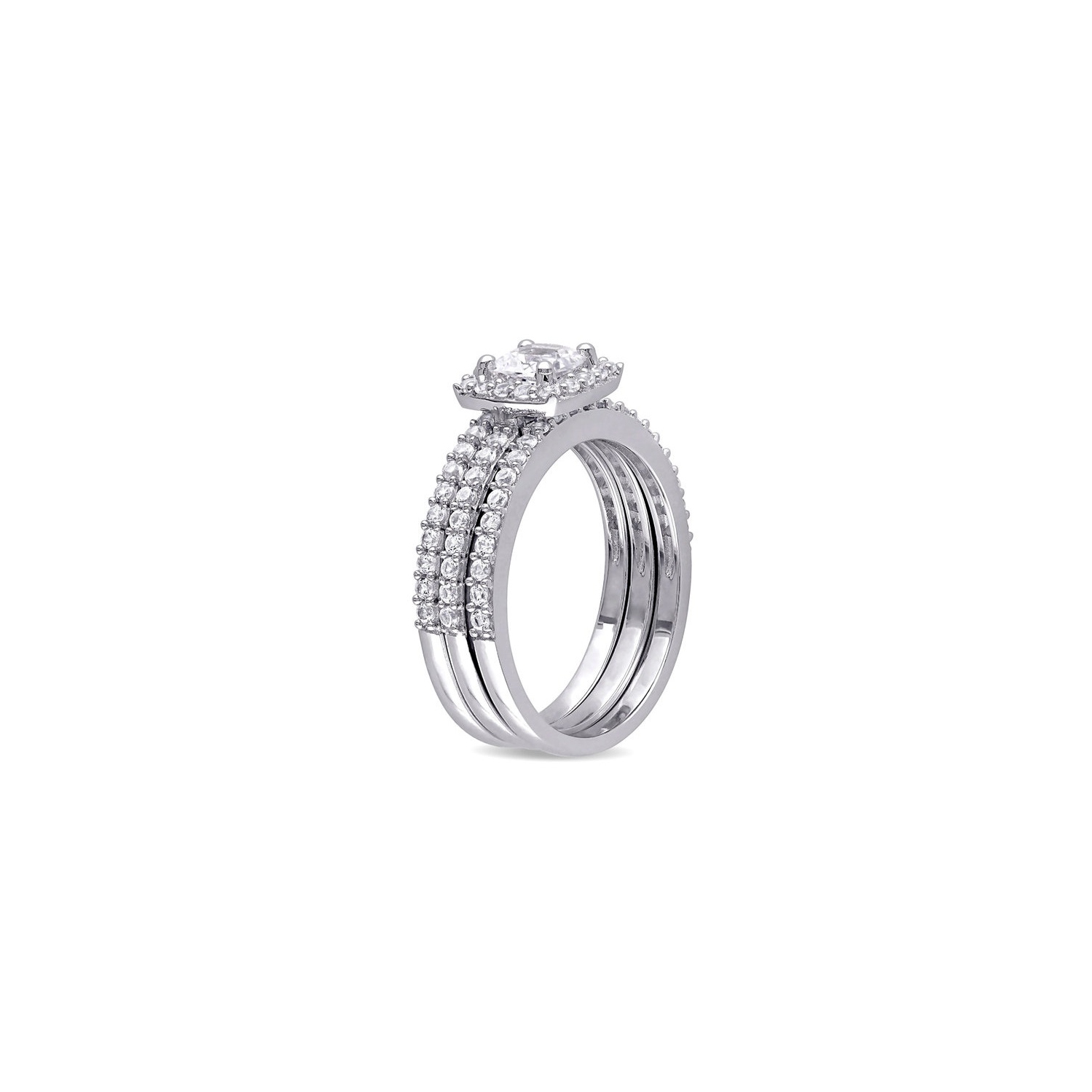 1.50 Carat Lab-Created White Sapphire Halo Bridal Engagement Ring and Band Set In Sterling Silver