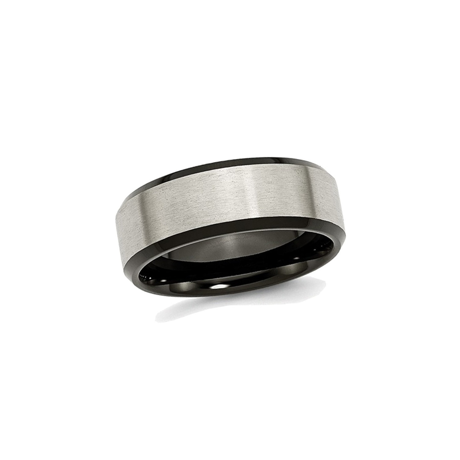 Mens Titanium 8mm Brushed Wedding Band Ring with Black Plated Beveled Edge