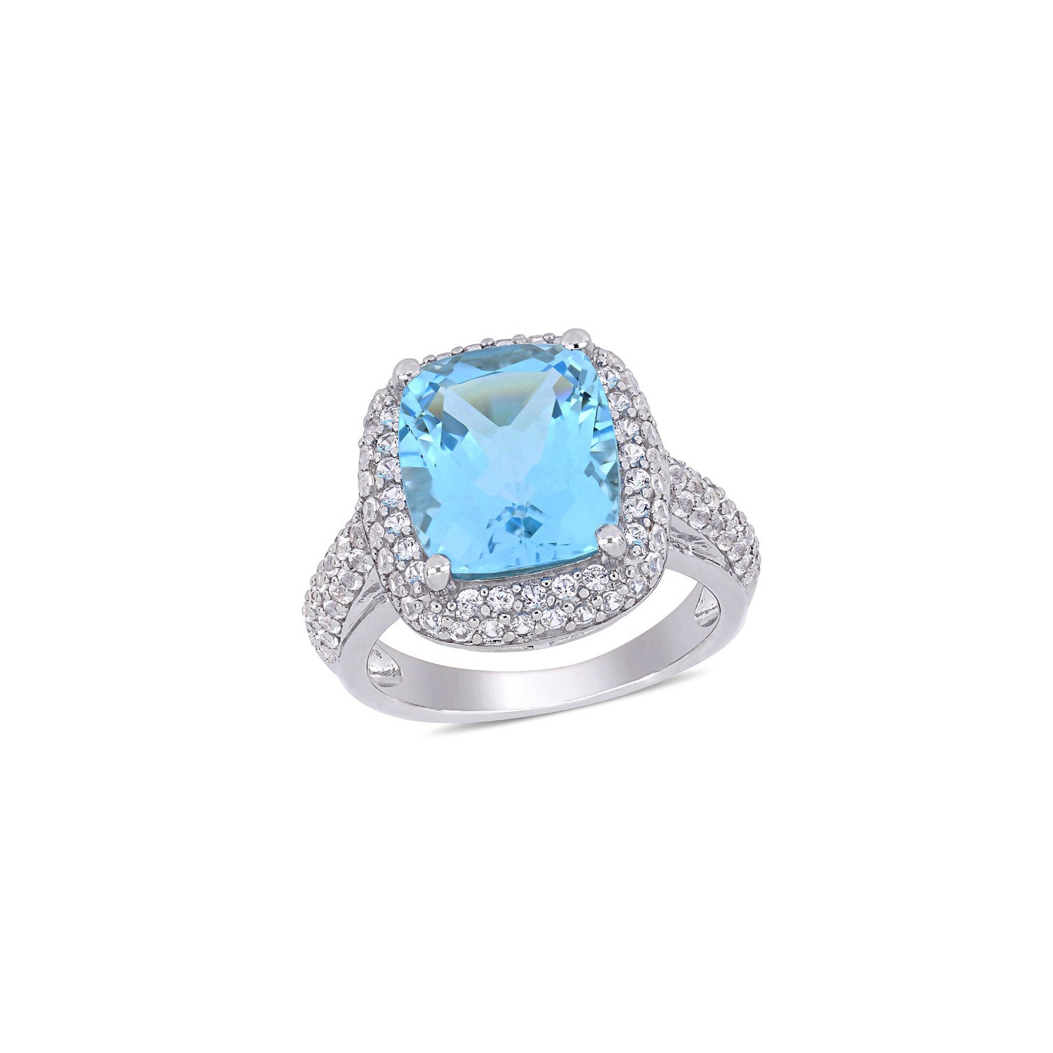 Bague en argent sterling, topaze bleue taille coussin 6.25 ct, topaze blanche synthétique laboratoire