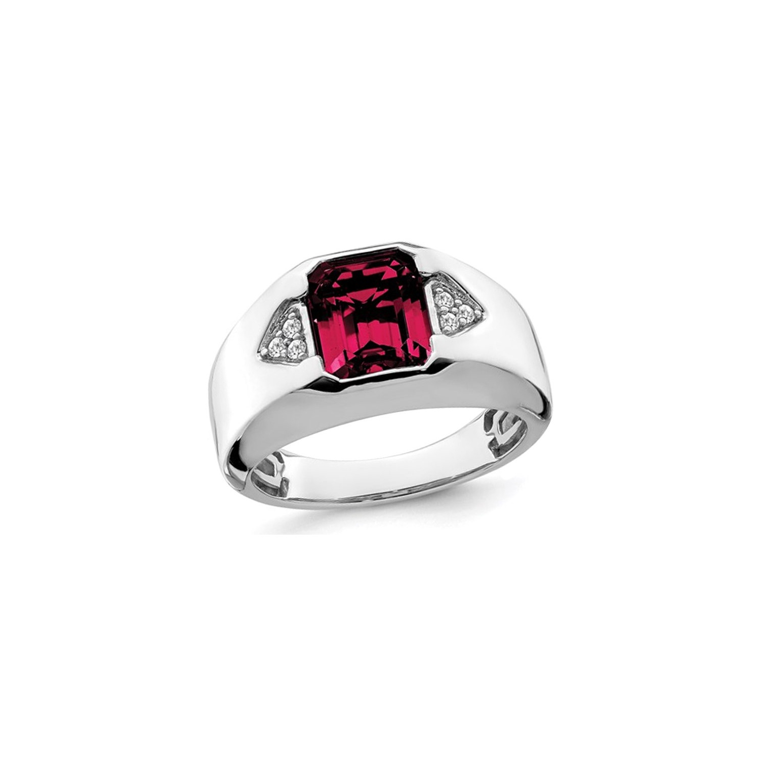 Mens 3.75 Carat Lab Created Emerald-Cut Ruby Ring in 14K White Gold with Diamonds