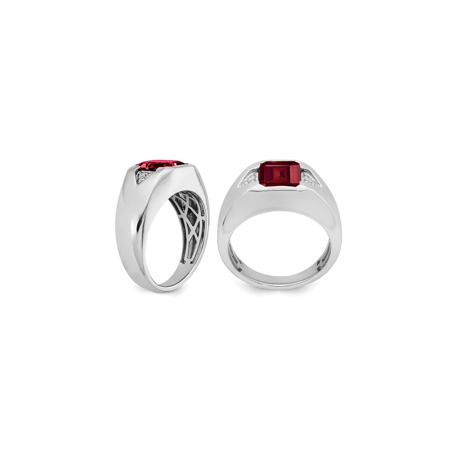Mens 3.75 Carat Lab Created Emerald-Cut Ruby Ring in 14K White Gold with Diamonds