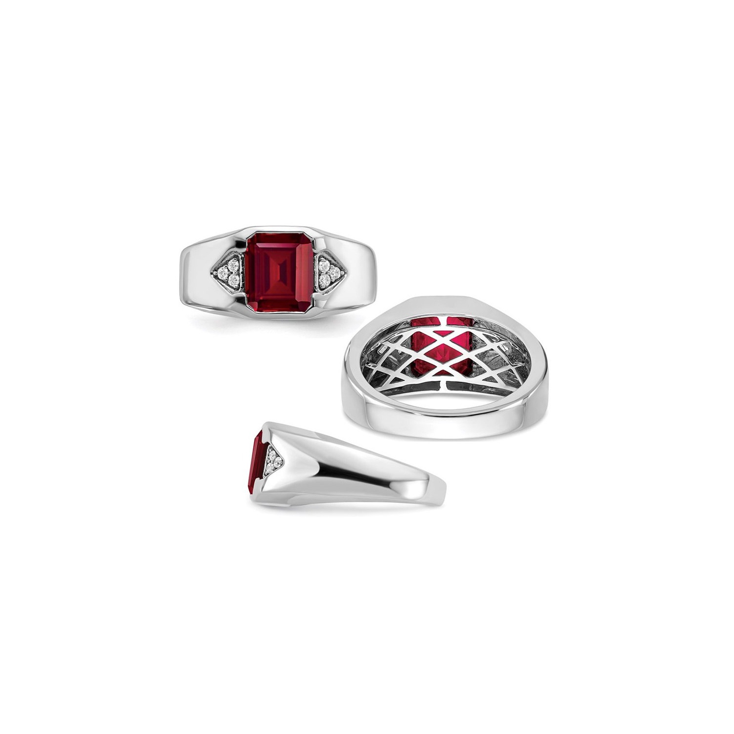 Mens 3.75 Carat Lab Created Emerald-Cut Ruby Ring in 14K White Gold with Diamonds