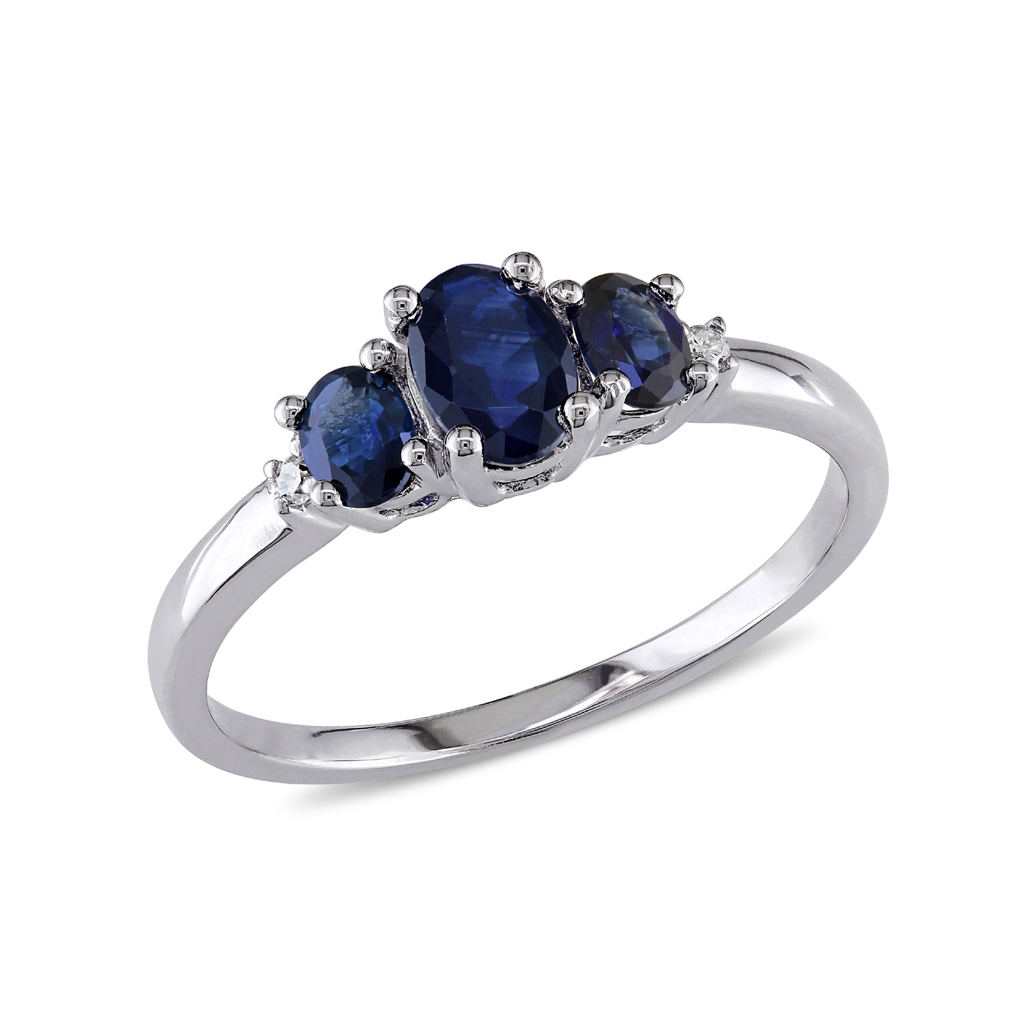 1.00 Carat Blue Sapphire and Diamond Three Stone Ring Ring in 10k White Gold