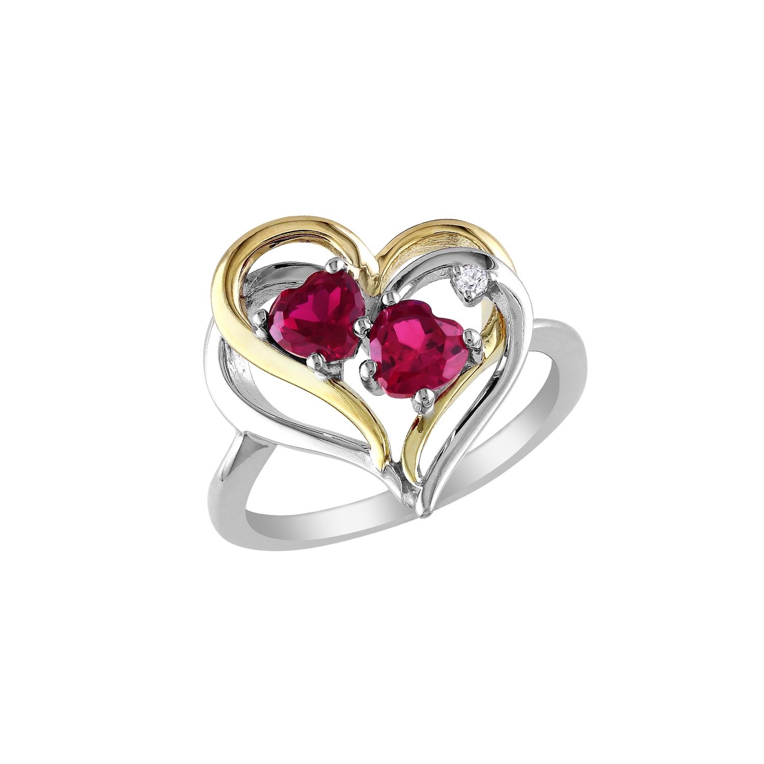 Bague en argent sterling plaqué jaune avec rubis synthétique en laboratoire et diamants de 1.10 ct
