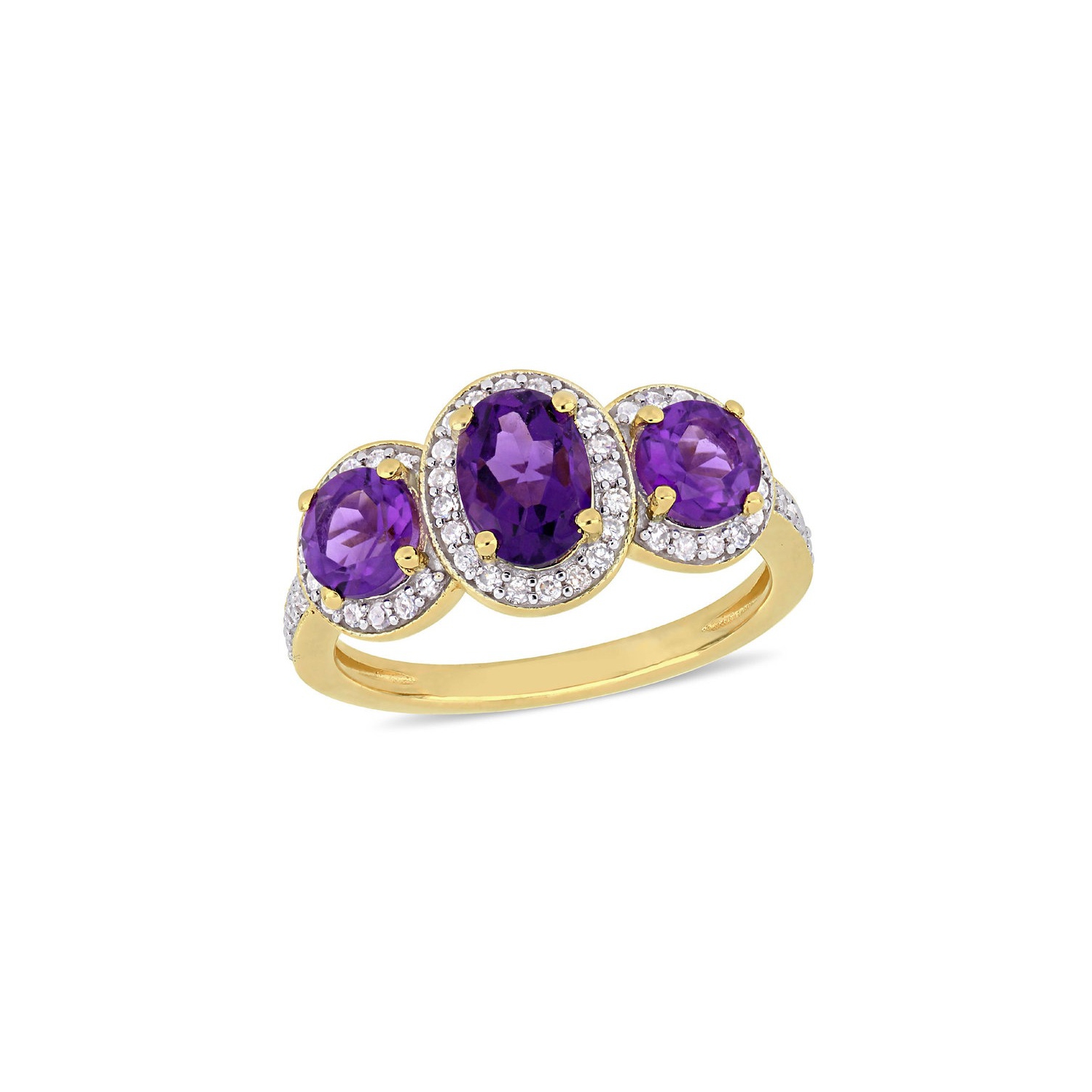 1.60 Carat Amethyst Three Stone Ring with Diamonds 1/4 Carat (ctw) in Yellow Plated Sterling Silver