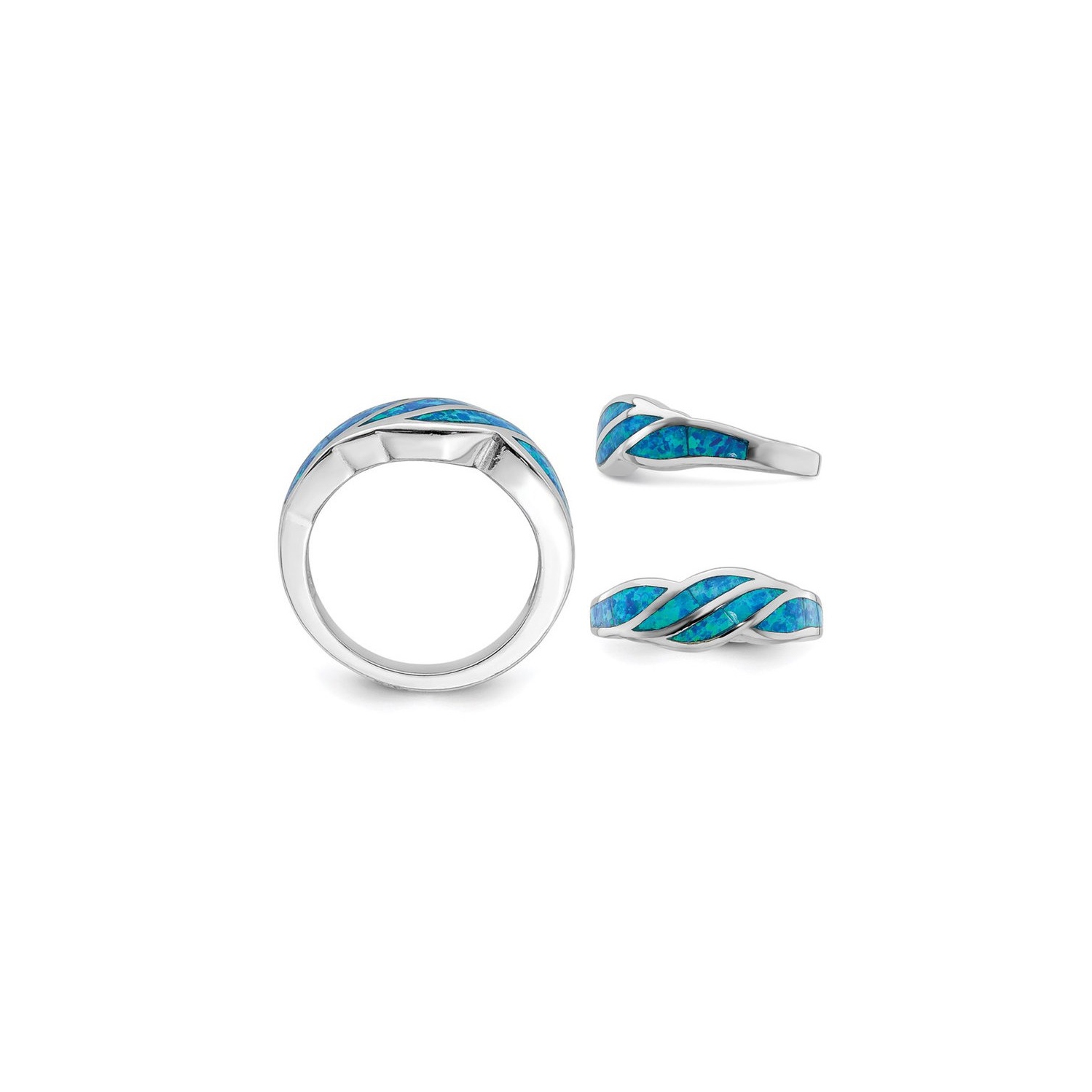 Lab Created Blue Opal Inlay Wave Ring in Sterling Silver