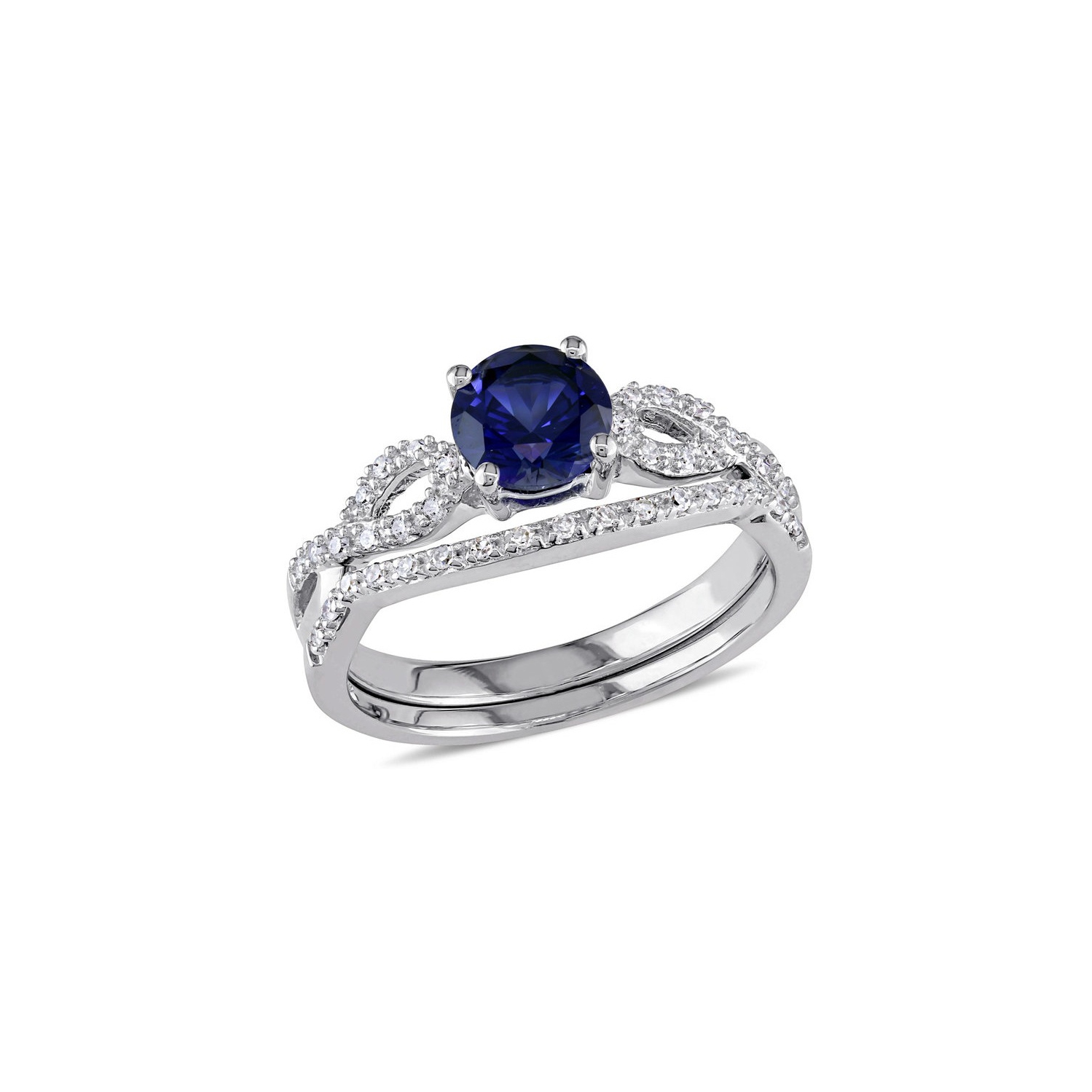 1.00 Carat Lab-Created Blue Sapphire Engagement Ring & Bridal Wedding Set with Diamond, 10K White Gold