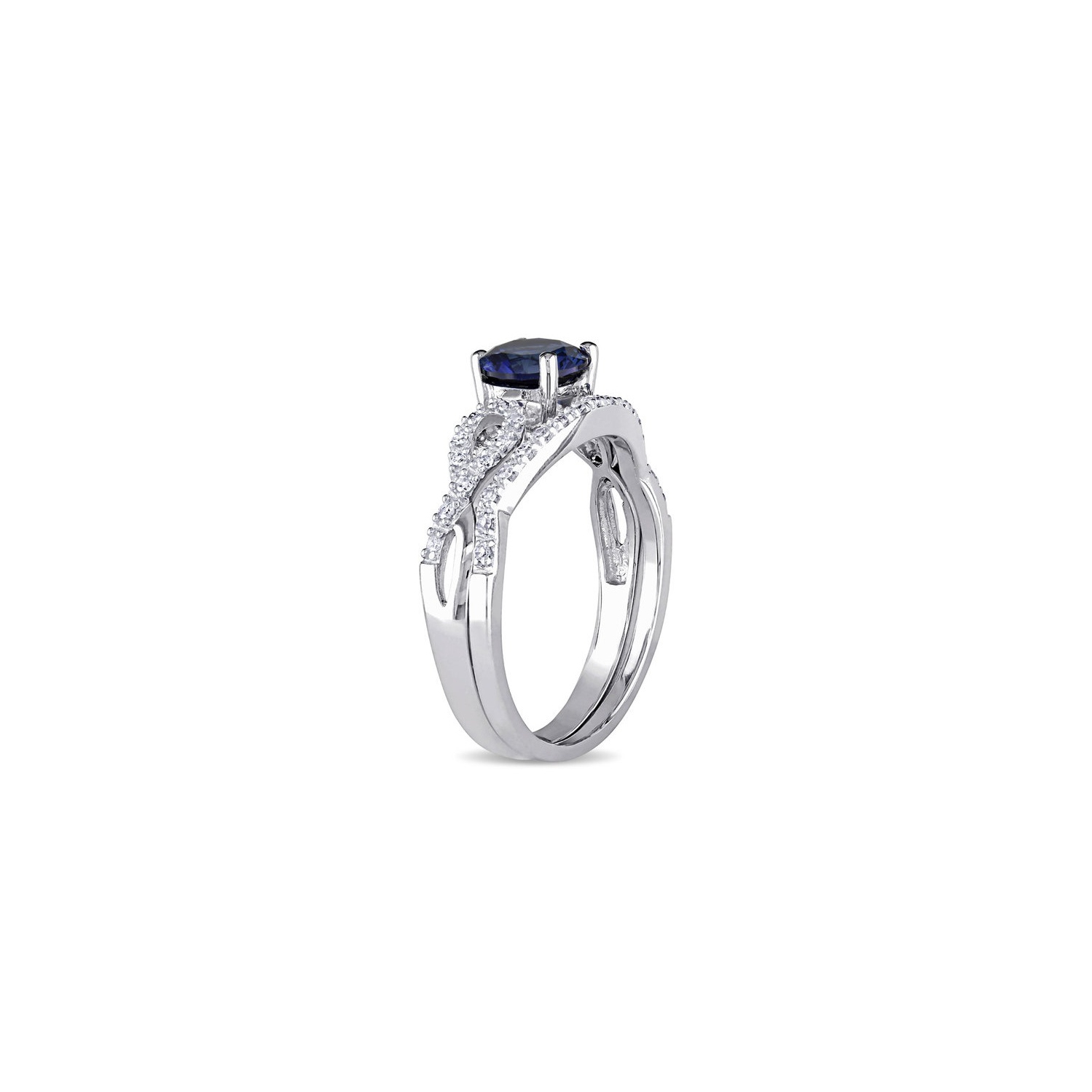 1.00 Carat Lab-Created Blue Sapphire Engagement Ring & Bridal Wedding Set with Diamond, 10K White Gold