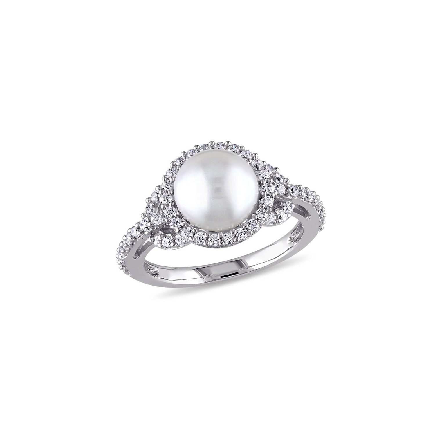 Bague halo en argent sterling, perle blanche de culture d’eau douce de 8.5 à 9 mm et zircon cubique