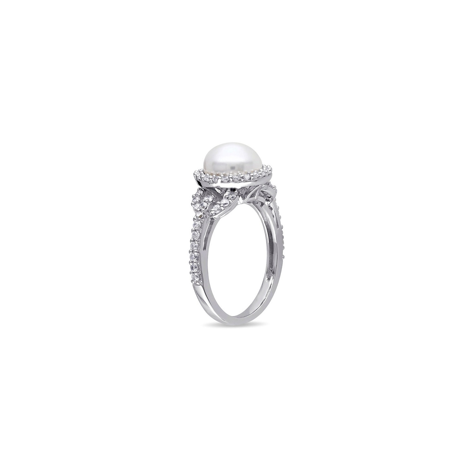 Bague halo en argent sterling, perle blanche de culture d’eau douce de 8.5 à 9 mm et zircon cubique