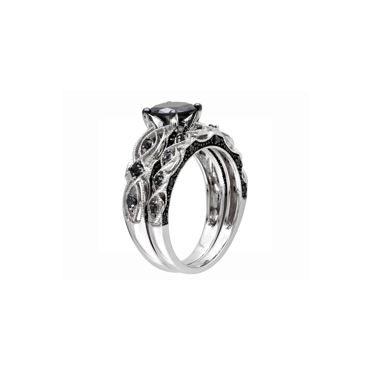 1.39 Carat Black Diamond Engagement Ring and Wedding Band Set in 10K White Gold