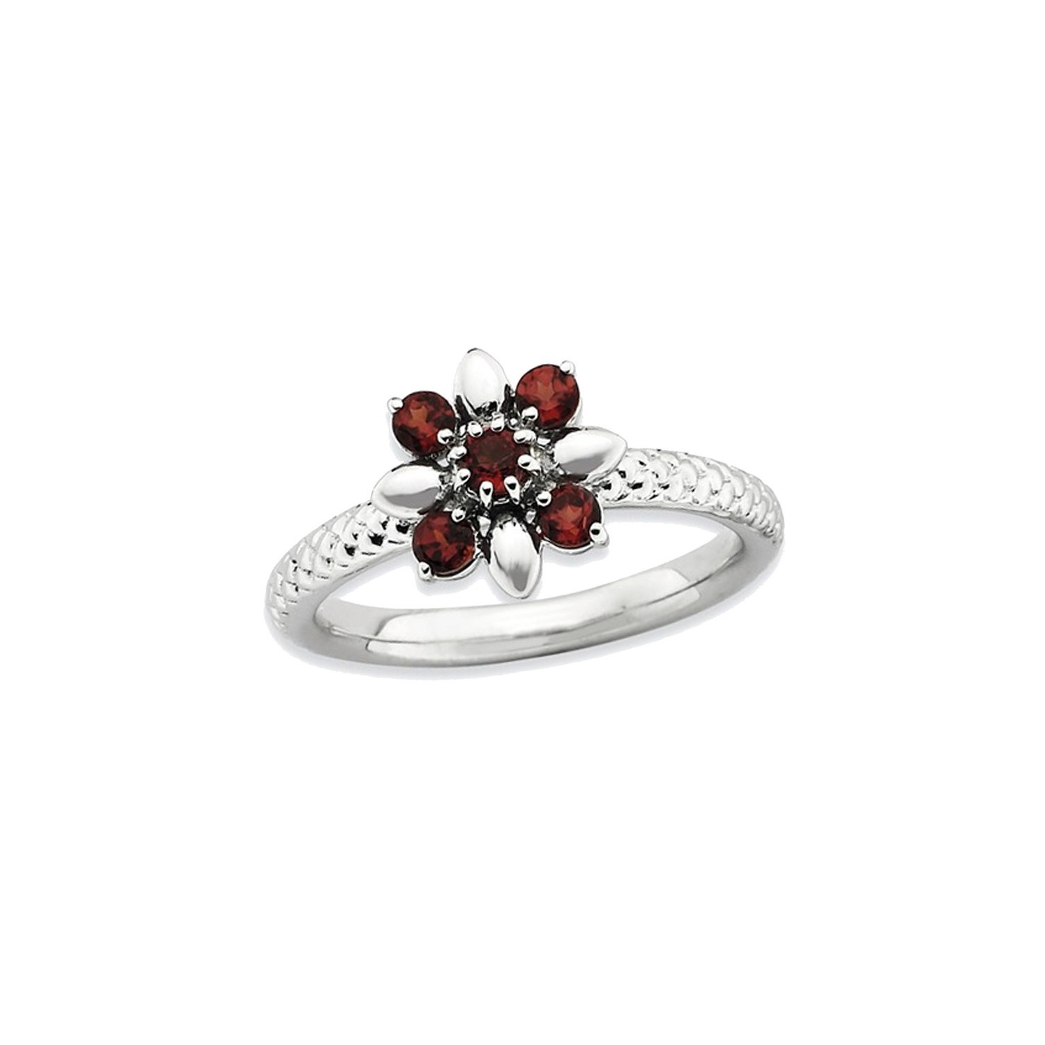 Natural Garnet Flower Ring 2/3 Carat in Sterling Silver