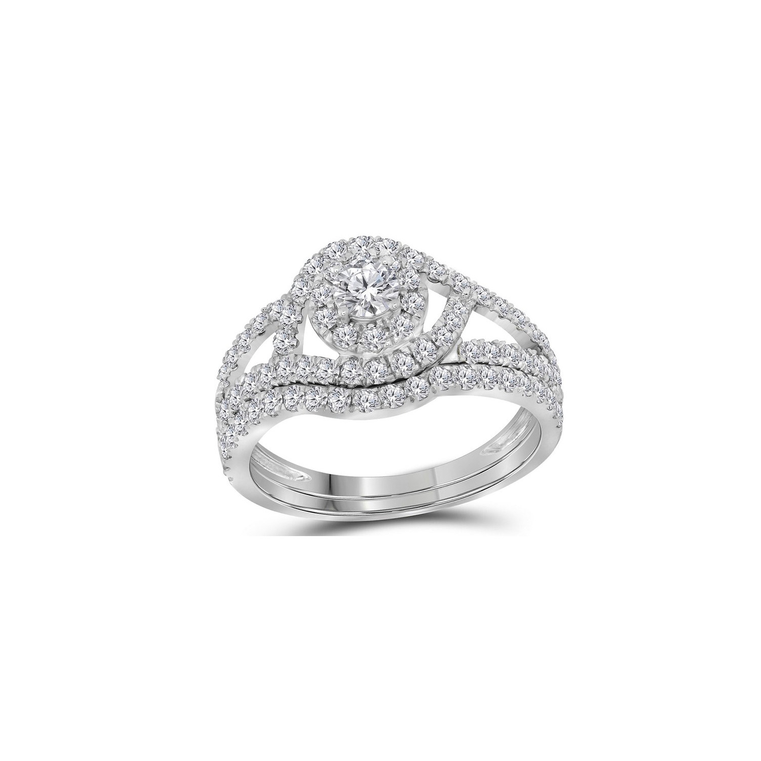 7/8 Carat Diamond Engagement Halo Ring Bridal Wedding Set in 14K White Gold