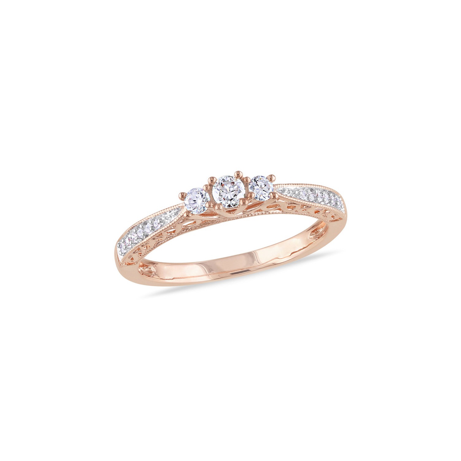 Bague en or rose 10K ct à trois pierres avec diamant de 1 ct/4&nbsp;carat