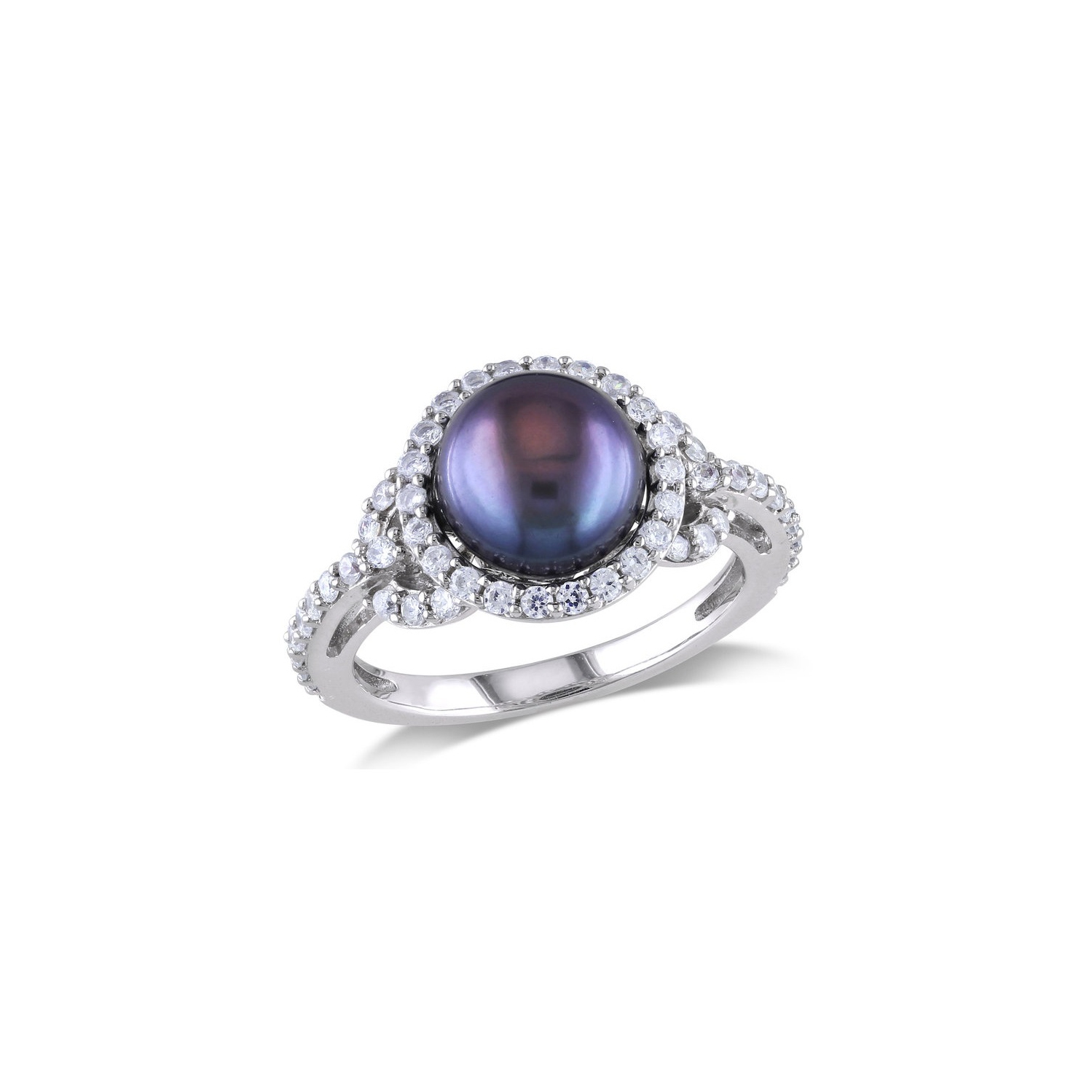 Bague en argent sterling, perle noire de culture d’eau douce de 8.5 à 9 mm et zircon cubique