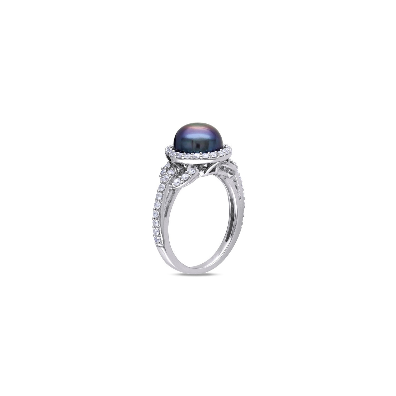 Bague en argent sterling, perle noire de culture d’eau douce de 8.5 à 9 mm et zircon cubique