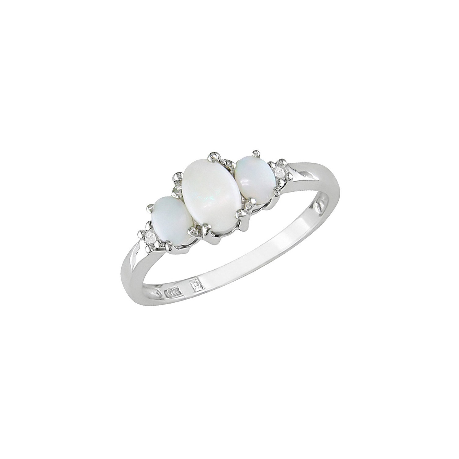 Bague en or blanc 10 ct à trois pierres avec opale synthétique en laboratoire 2 ct d'5&nbsp;carat