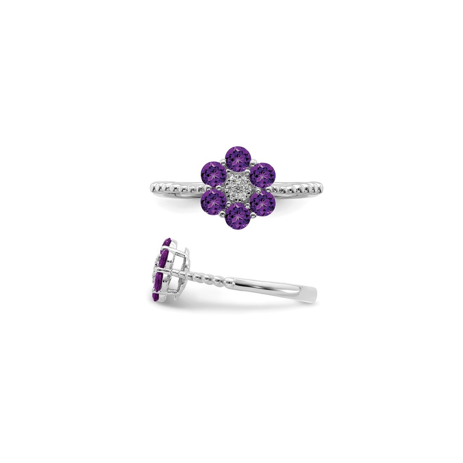 9/10 Carat Natural Amethyst Flower Ring in 14K White Gold