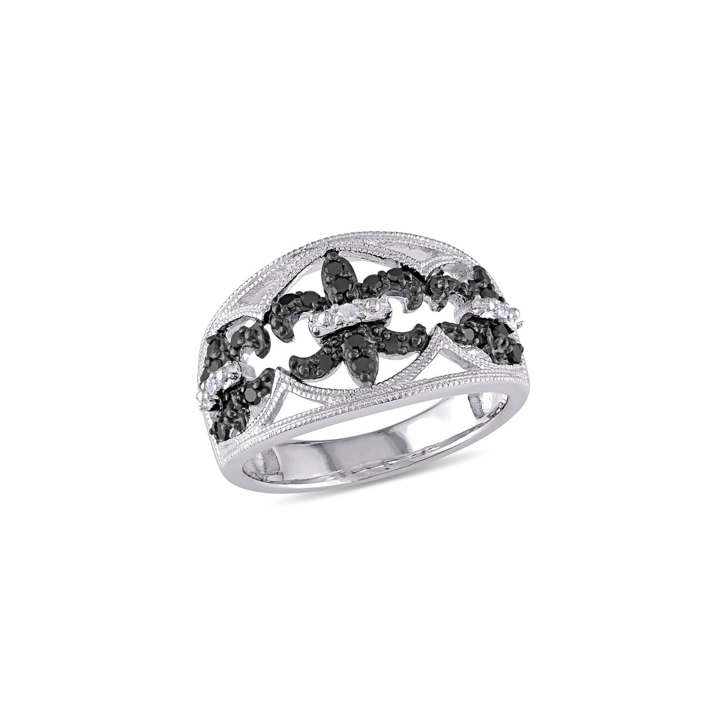 Enhanced Black and White Fleur De Lys Diamond Ring 1/4 Carat ctw in Sterling S 