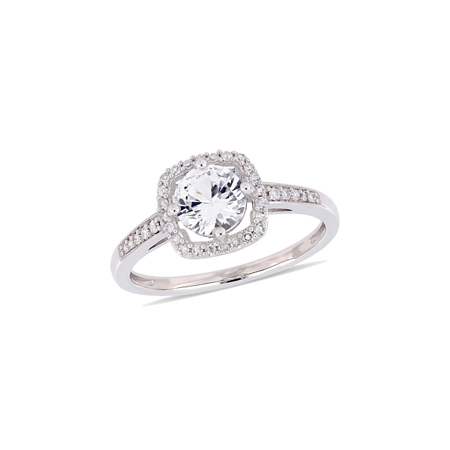 Bague de fiançailles halo en or blanc 10 ct avec diamants et saphirs blancs synthétiques 1.00 Carat