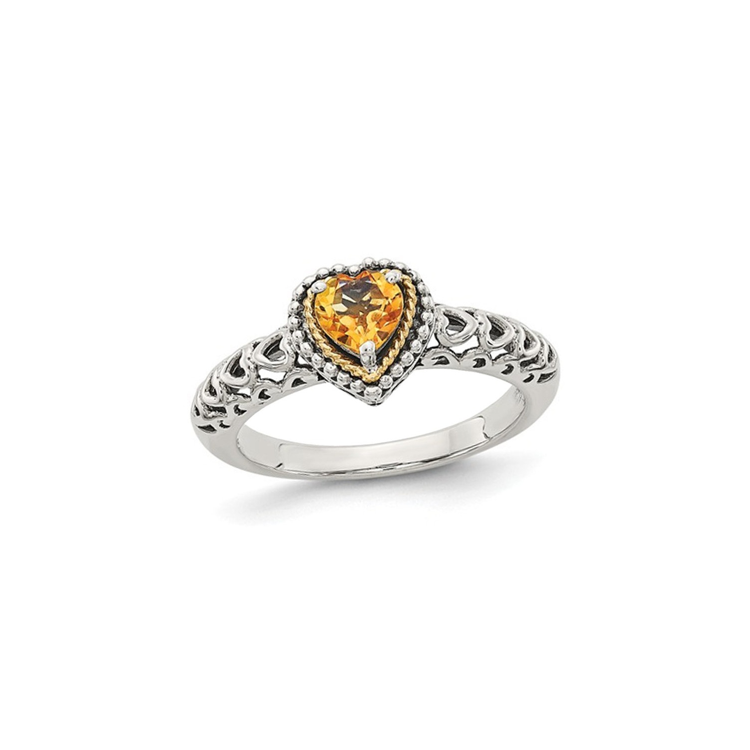 Antiqued Natural Citrine Heart Ring in Sterling Silver with 14K Gold Accents