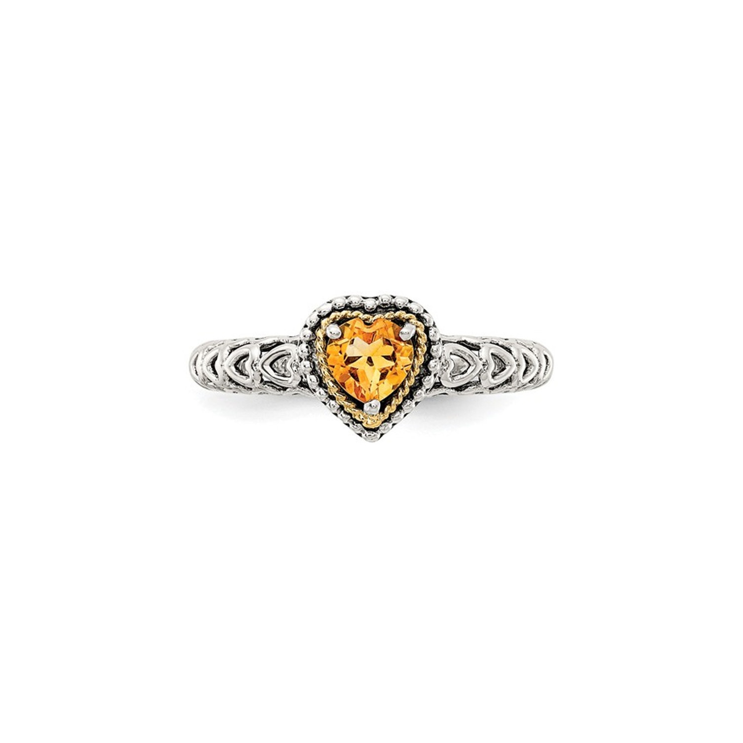 Antiqued Natural Citrine Heart Ring in Sterling Silver with 14K Gold Accents